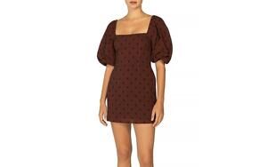 Peony  Printed Puff Sleeve Cover-Up Dress, Size 4 US Brown